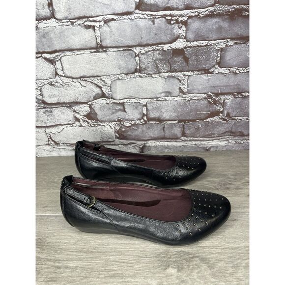 INDIGO BY CLARKS Black Lea Bishop Studded Slip On Strap Wedge Women’s 8M US/39EU - Picture 13 of 16